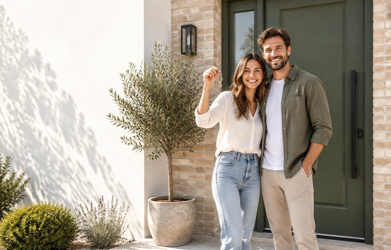 Happy new-home buyers holding their keys outside a sunny front door